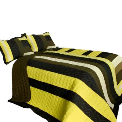 3 pc Cotton Quilt Set Reversible Geometric Patchwork Bedding with Pillow Shams Vermicelli Stitching