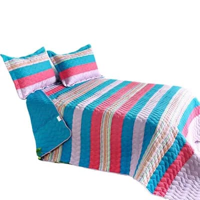 3 pc Striped Quilt Set with Shams Vermicelli Quilted Bedspread Lightweight Bedding Set