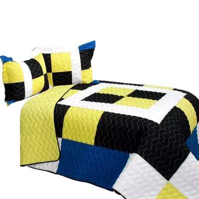 3 pc Modern Color Block TC Fabric Quilt Bedding Set with Textured Stitching and Shams