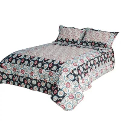 Floral Patchwork Quilt Set Cotton Bedspread with Vermicelli Quilting and Matching Shams