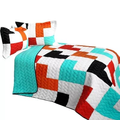 3 pc Modern Color Block TC Fabric Quilt Bedding Set with Textured Stitching and Shams