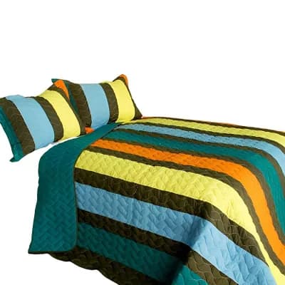 3 pc Vertical Stripe Patchwork Quilt Set Cotton Bedspread with Vermicelli Quilting and Matching Shams