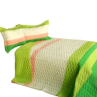 3 pc Horizontal Stripe Patchwork Quilt Set Vermicelli Quilted Bedspread with Matching Shams