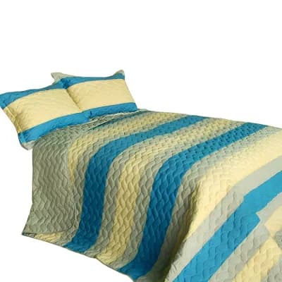3 pc Horizontal Stripes Patchwork Quilt Set Bed Quilt with Two Matching Quilted Shams Bedding Set