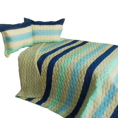 3 pc Quilt Set Horizontal Striped Patchwork Vermicelli Quilted Bedding with Shams