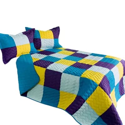 Reversible Patchwork Quilt Set 3 pc Vermicelli Stitching Lightweight Bedspread Set