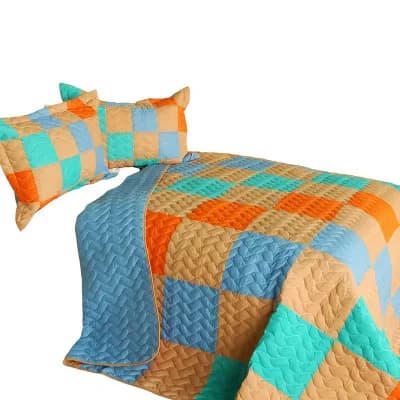 Patchwork Full Queen Quilt Set 3 pc Vermicelli Quilted Bedding Set