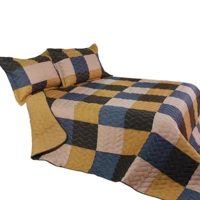 3 pc Patchwork Quilt Set Vermicelli Quilted Reversible All Season Bedspread