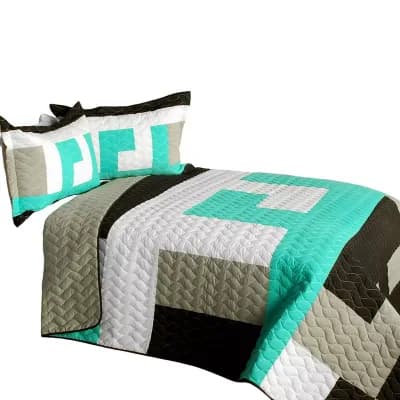 3 pc TC Fabric Patchwork Geometric Quilt Bedspread Set with Coordinated Pillow Shams