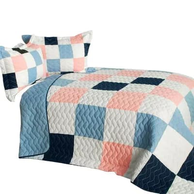 3 pc Plaid Patchwork Quilt Vermicelli Quilted Bedding Set with Matching Pillow Shams