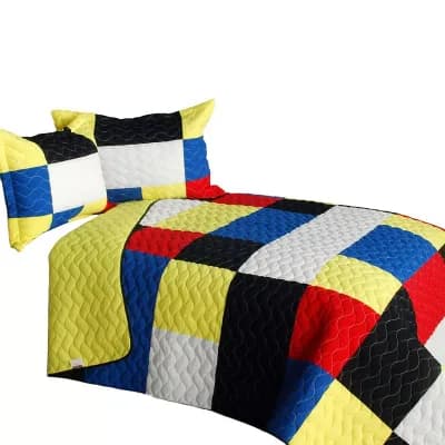 3 pc Plaid Patchwork Quilt Vermicelli Quilted Bedding Set with Matching Pillow Shams