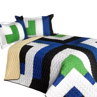 3 pc Plaid Patchwork Quilt Set with Shams Vermicelli Quilted Bedding Set