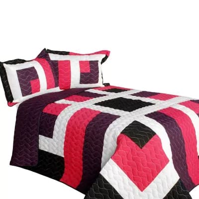 3 pc Reversible patchwork quilt set with stitched detailing and matching shams