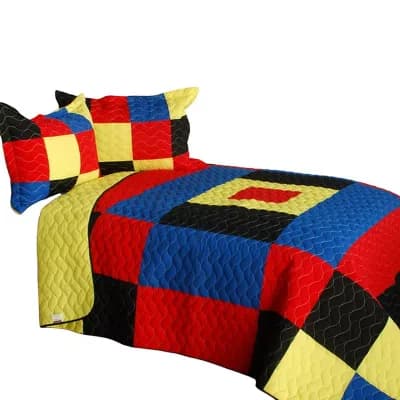 3 pc Patchwork Quilt Set With Vermicelli Stitching And Matching Shams Bedroom Bedding Set
