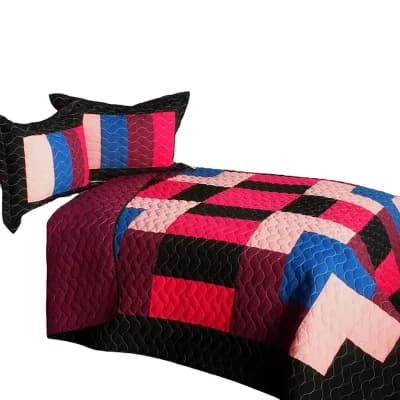 3 pc patchwork quilt set geometric bedding vermicelli stitched with shams