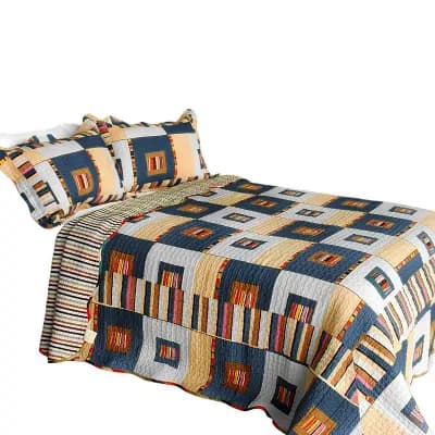 3 pc Plaid Printed Quilt Bedding Set Vermicelli Stitch Quilted Bedspread with Shams