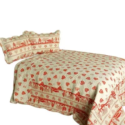 3 pc Heart Print Quilt Set with Shams Vermicelli Quilted Bedding Set Cotton