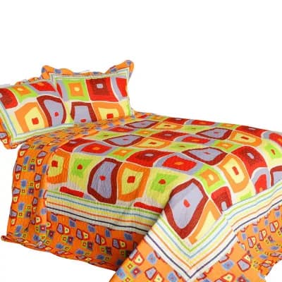 3 pc Geometric Print Bed Quilt Set with Shams Quilted Bedding Vermicelli Stitch Set