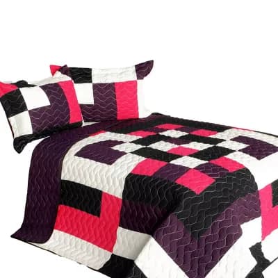 3 pc Colorblock Quilt Bedding Set Vermicelli Stitch Quilted Bedspread with Shams Set