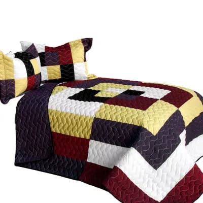 3 pc Quilted Patchwork Quilt with Textured Surface Design and Shams