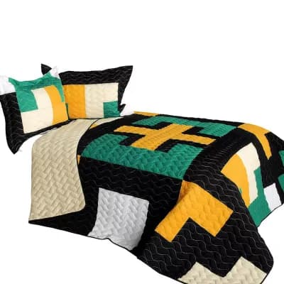 3 pc Vermicelli Quilt Set Patchwork Style Bedding With Matching Shams