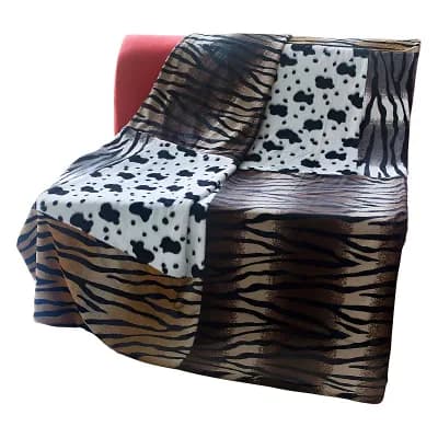 Patchwork Animal Print Throw Blanket with Leather Style Trim for Sofa or Bed