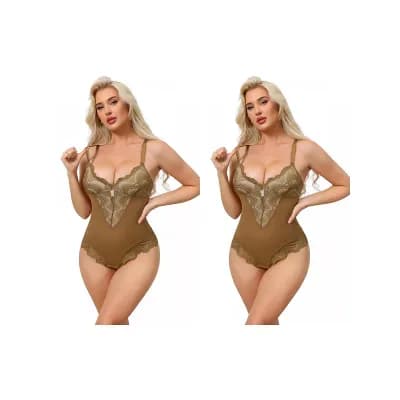 2 Packs Women's Lace Shapewear Bodysuit VNeck Push Up Camisole Shapewear Tummy Control Thong Leotard