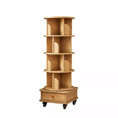 Rotating 5 tier Bookshelf with Drawer, Round Storage Tower with Wheels for Bedroom or Living Room