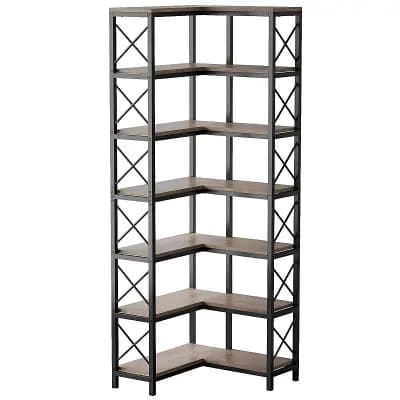 Tall Corner Bookcase with Metal Frame, 7 tier Storage Organizer for Home Office or Living Room