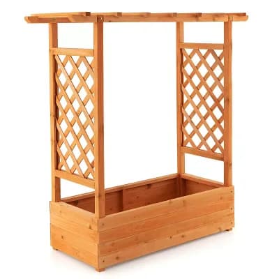 Outdoor Wooden Garden Planter with Trellis and Roof, Raised Planter Box for Vegetables, Vines