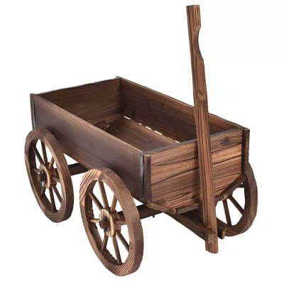 Wood Wagon Cart Planter Box with Wheels, Decorative Garden Flower Planter for Patio or Backyard