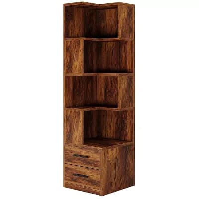 5 tier Corner Bookshelf Organizer with Drawers Storage Unit for Living Room and Space Saving Storage