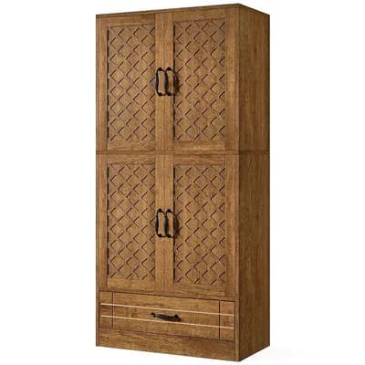 Tall Bookcase Storage Cabinet Wood Display Shelf with Doors and Drawers