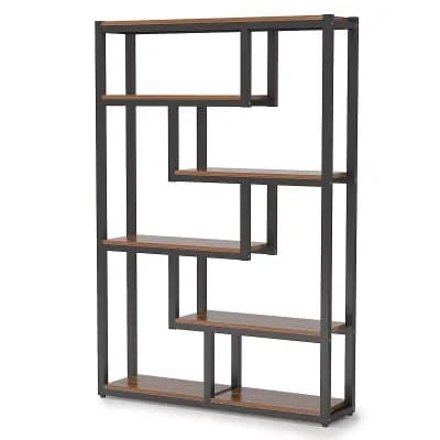 5 tier Industrial Etagere Bookshelf, Wood and Steel Open Display Storage Shelf