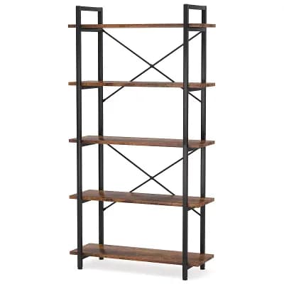 Industrial Open Bookshelf, 5 tier Wood and Metal Storage Shelf for Living Room or Office