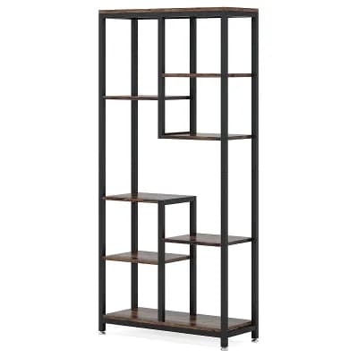 8 tier Industrial Style Bookshelf with Metal Frame and Wood Grain Shelves