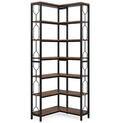 7 tier Corner Bookshelf Storage Rack with Metal Frame Side Railings and Open Shelves for Living Room