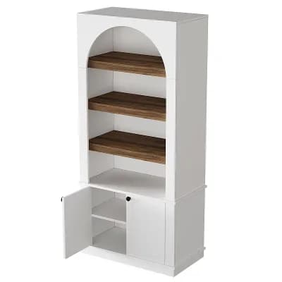71 Inch Arched Bookcase White Wood 4 Open Shelves 2 Door Cabinet Storage Bookshelf