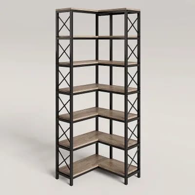 7 tier Corner Bookshelf 14 Shelf Storage Rack with Metal Frame and X Bar Support for Living Room