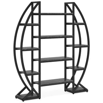 3 tier Oval Bookcase Modern Metal Frame Wood Look Storage Rack