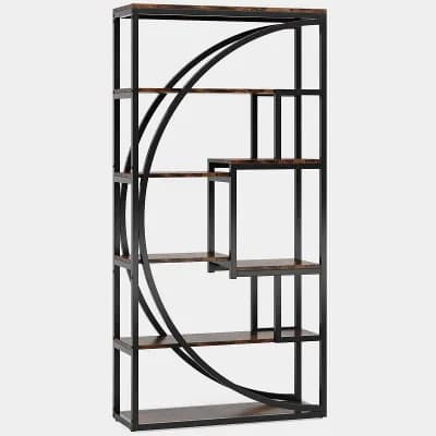 Tall 6 tier Bookcase 8 Open Shelves Wood Look Metal Frame Display Rack