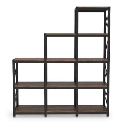 Stair Step L Shaped Bookcase 12 Shelf Storage Organizer with Metal Frame and Open Cubes