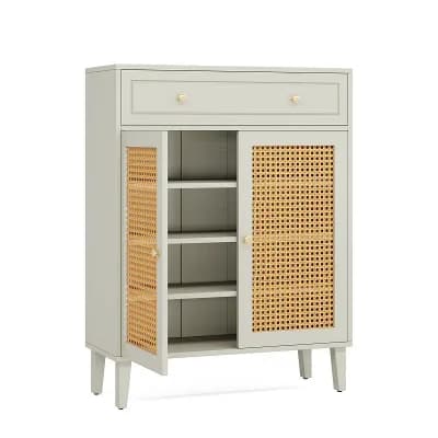 Shoe Cabinet with Drawer and Adjustable Shelves Entryway Storage Organizer with Rattan Style Doors