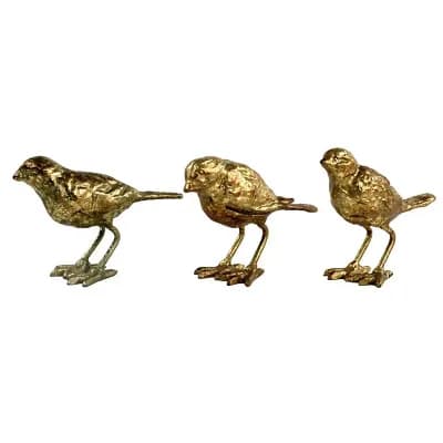 Set Of 3 Gold Finish Cast Iron Bird Sculptures for Shelf Mantel and Tabletop Decor