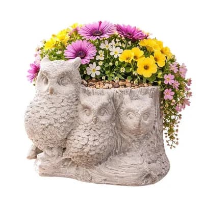 Decorative Cement Three Owl Design Planter Pot with Drain Hole for Small Plants and Succulents