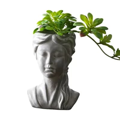 Tall Girl Face Cement Planter Pot for Tabletop Console Shelf Decorative Accent
