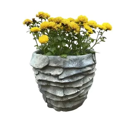 Palm Leaf Motif Cement Planter Pot for Tabletop and Covered Outdoor Plant Decor