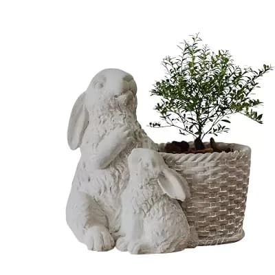 Rabbit Figurine Cement Planter Pot with Drainage for Small Plants and Tabletop Decor