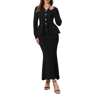 Women's Two Pieces Formal Suits Dress Long Sleeve Peplum Tops and Mermaid Long Skirt Knitted Sets