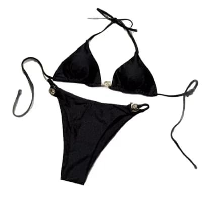 Women's Halter Neck 2 pc Bikini, Metal Ring Tie-Back Elegant Swimwear for Vacation & Beach